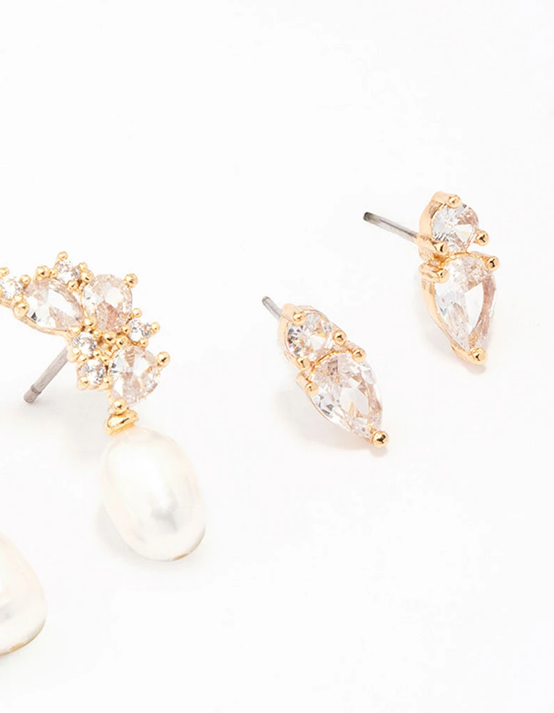 Gold Plated Cubic Zirconia Cluster & Pearl Earrings 3-Pack