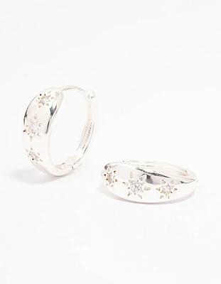 Silver Plated Cubic Zirconia Celestial Huggie Hoop Earrings