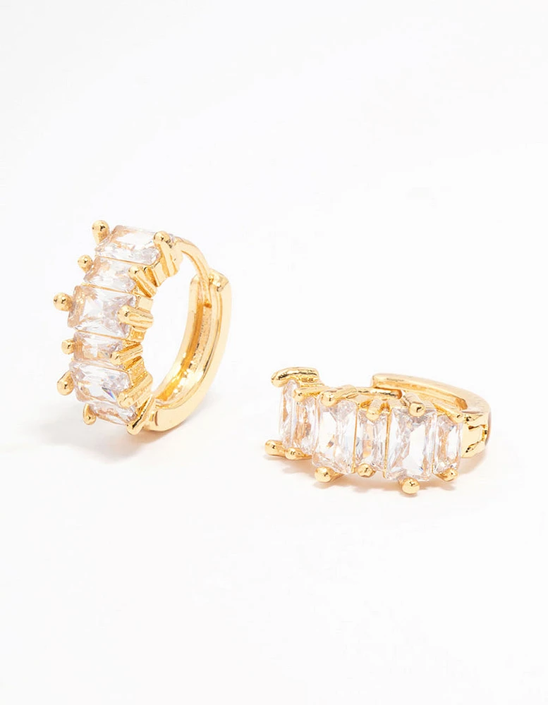 Gold Plated Cubic Zirconia Baguette Hoop Earrings