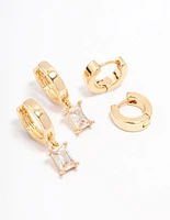 Gold Plated Cubic Zirconia Baguette Hoop Earring Pack