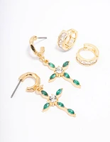 Gold Plated Emerald Diamante Cross Earring Pack