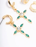 Gold Plated Emerald Diamante Cross Earring Pack