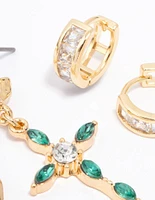 Gold Plated Emerald Diamante Cross Earring Pack