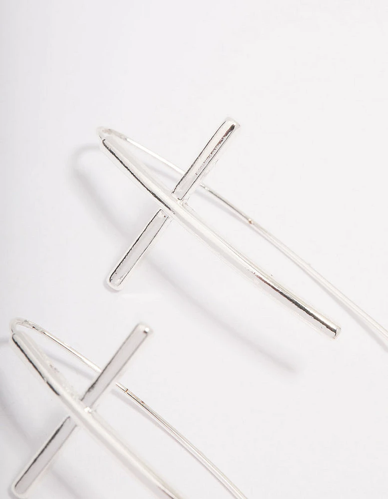 Silver Plated Cross Modern Drop Earrings