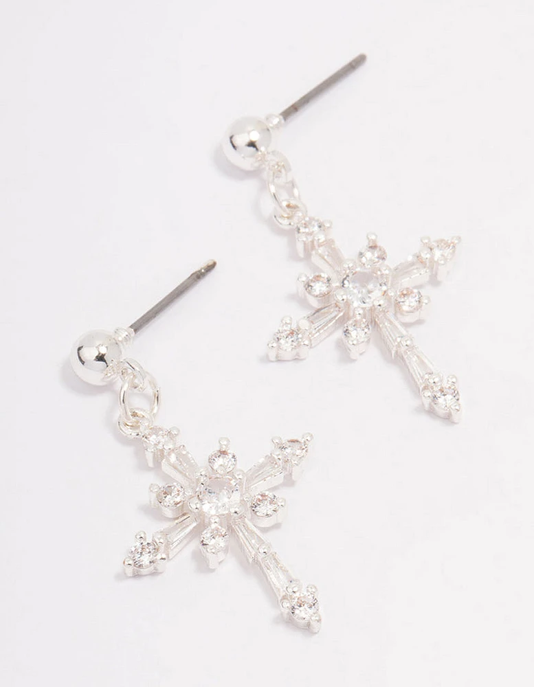 Silver Plated Cubic Zirconia Ornate Cross Drop Earrings