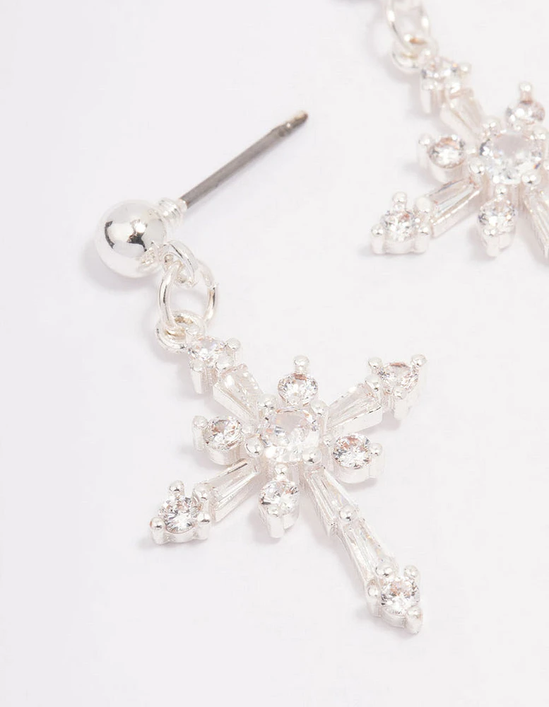 Silver Plated Cubic Zirconia Ornate Cross Drop Earrings