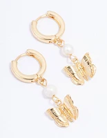 Gold Plated Butterfly & Freshwater Pearl Hoop Earrings