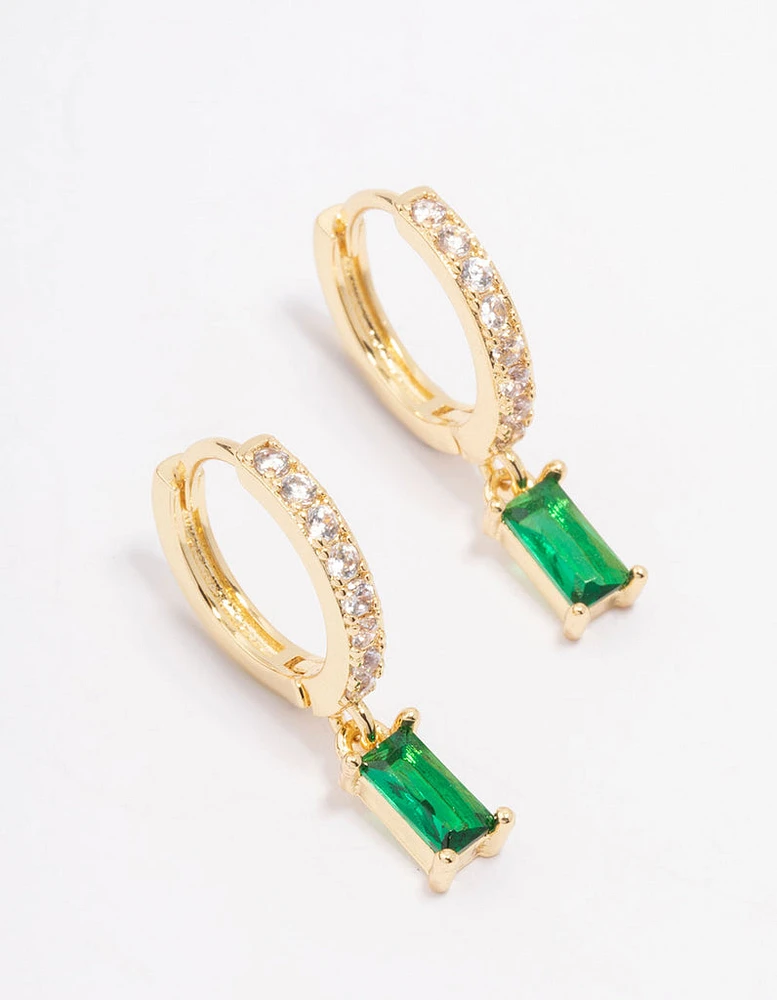 Gold Plated Emerald Cubic Zirconia Baguette Hoop Earrings