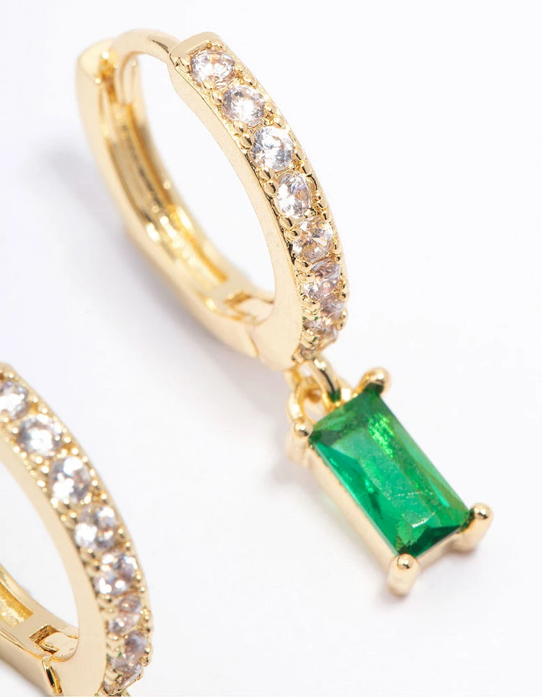 Gold Plated Emerald Cubic Zirconia Baguette Hoop Earrings