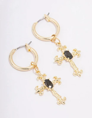 Gold Plated Ornate Cross Drop Earrings