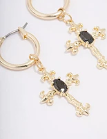 Gold Plated Ornate Cross Drop Earrings