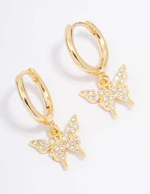 Gold Plated Cubic Zirconia Pave Butterfly Hoop Earrings