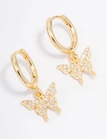 Gold Plated Cubic Zirconia Pave Butterfly Hoop Earrings