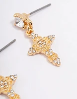 Gold Plated Diamante Cross Drop Earrings