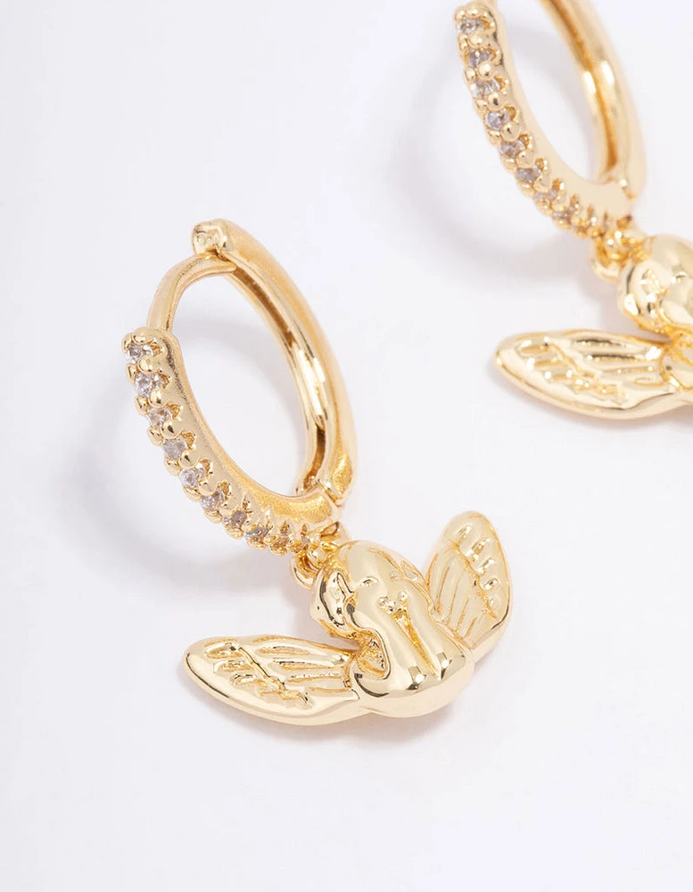 Gold Plated Cubic Zirconia Cherub Huggie Hoop Earrings