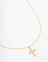 Gold Plated Diamante Round Cross Pendant Necklace