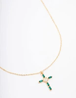 Gold Plated Emerald Cubic Zirconia Baguette Cross Pendant Necklace