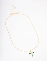 Gold Plated Emerald Cubic Zirconia Baguette Cross Pendant Necklace