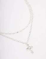Silver Plated Chunky Cross Layered Necklace