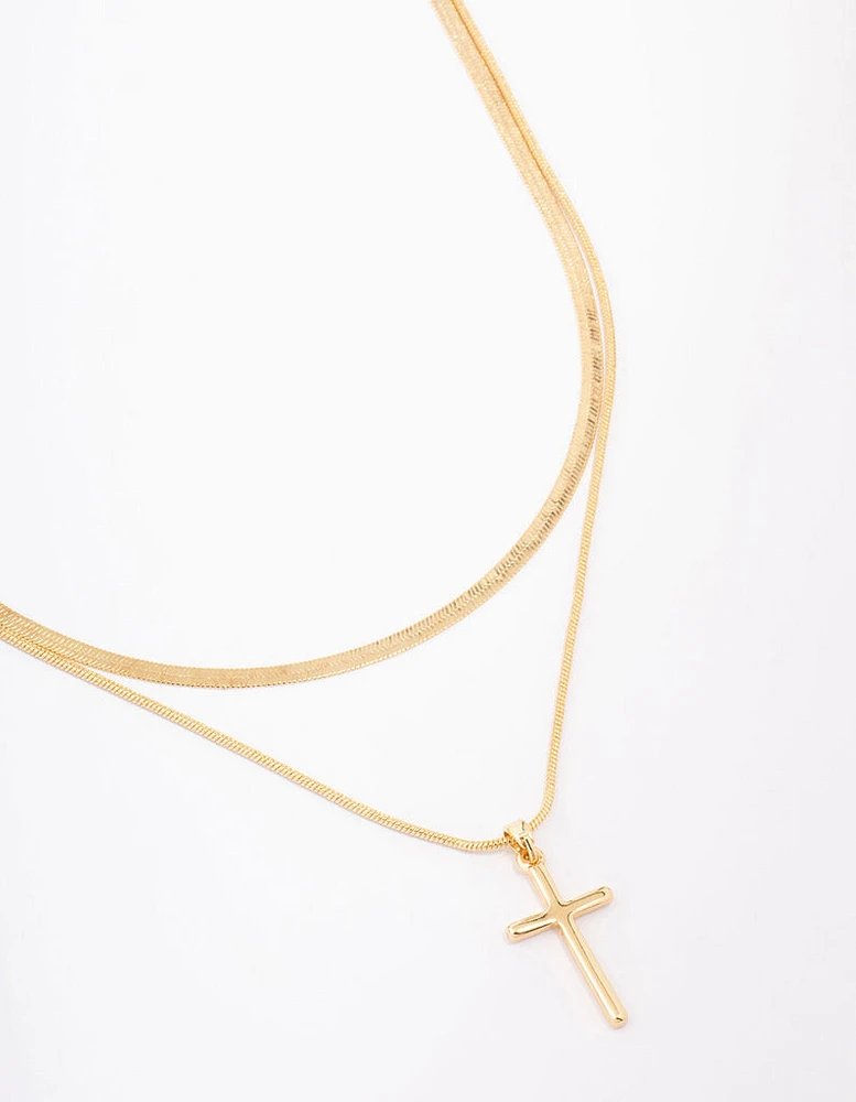 Gold Plated Plain Cross Snake Layered Necklace