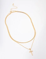 Gold Plated Plain Cross Snake Layered Necklace