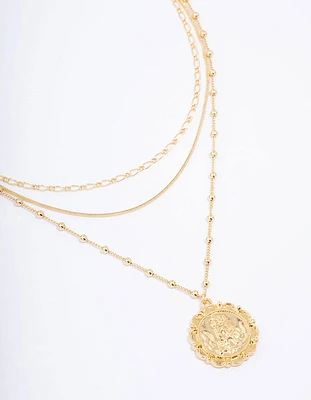 Gold Plated Large Coin Triple Layered Necklace