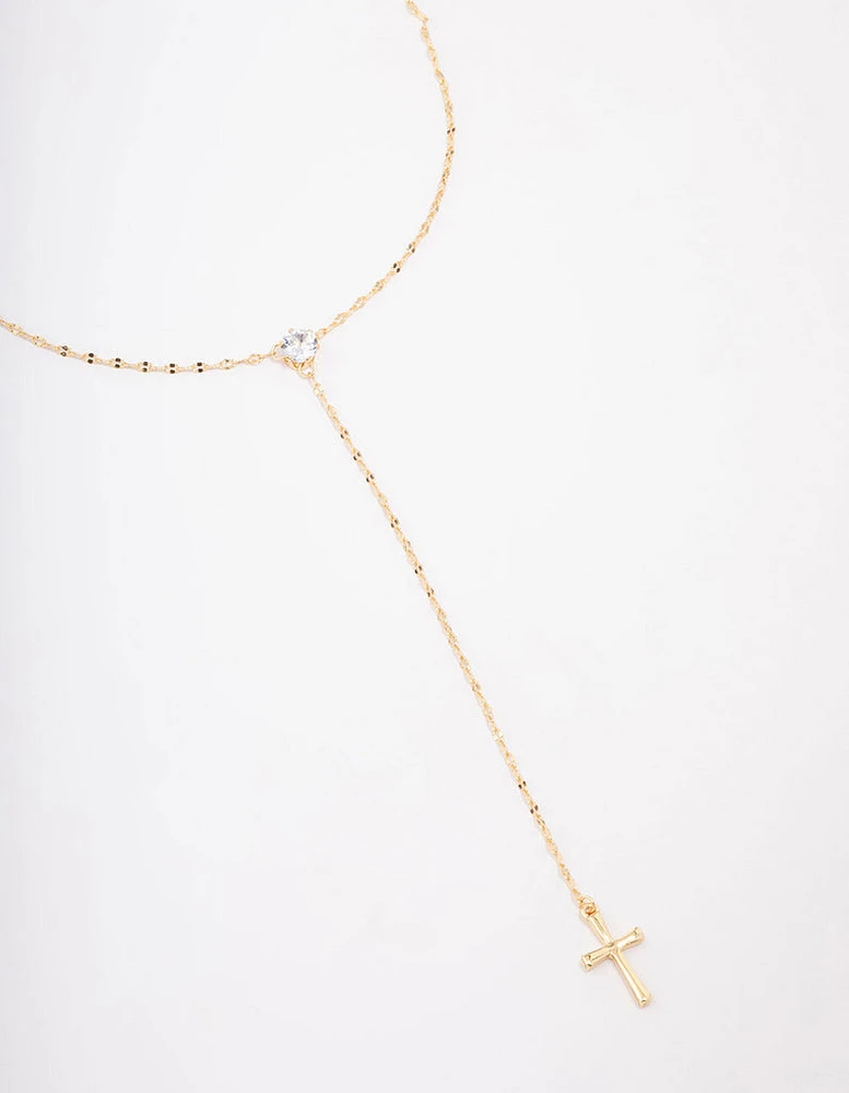 Gold Plated Cubic Zirconia Cross Lariat Necklace