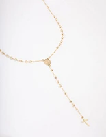 Gold Plated Coin & Cross Lariat Necklace