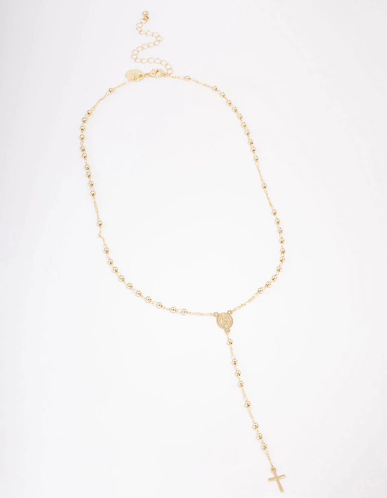 Gold Plated Coin & Cross Lariat Necklace