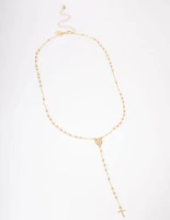 Gold Plated Coin & Cross Lariat Necklace