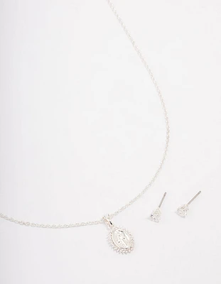 Silver Plated Diamante Signature Coin Necklace & Earring Set