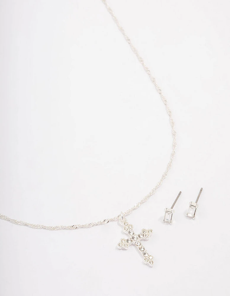 Silver Plated Diamante Cross Pendant Necklace & Stud Earring Set