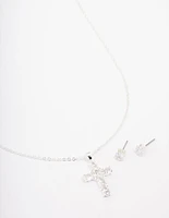 Silver Plated Cubic Zirconia Square Cross Pendant Necklace & Stud Earring Set