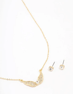 Gold Plated Diamante Heart Wing Necklace & Stud Earring Set