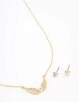 Gold Plated Diamante Heart Wing Necklace & Stud Earring Set