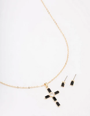 Gold Plated & Black Onyx Cross Necklace & Stud Earring Set