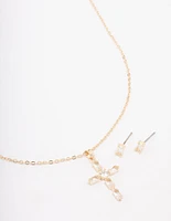 Gold Plated Diamante Cross Pendant Necklace & Stud Earring Set