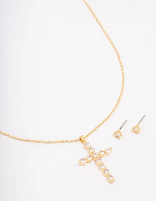 Gold Plated Cubic Zirconia Round Cross Pendant Necklace & Stud Earring Set