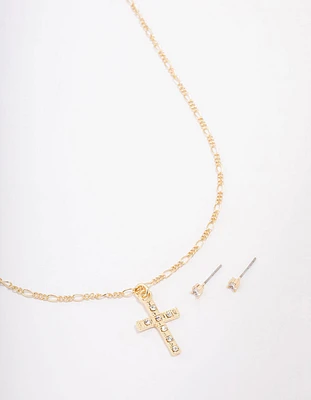 Gold Plated Crystal Cross Pendant Necklace & Stud Earring Set