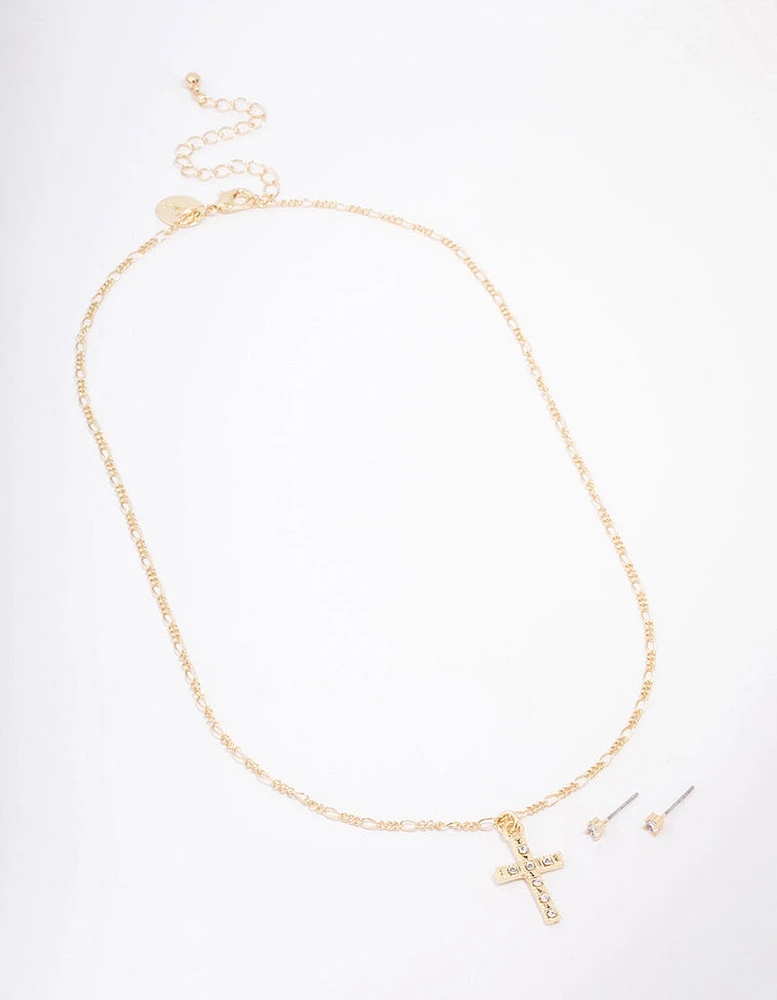 Gold Plated Crystal Cross Pendant Necklace & Stud Earring Set