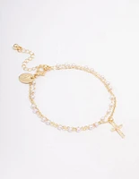 Gold Plated Diamante & Pearl Layered Bracelet