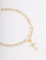 Gold Plated Diamante & Pearl Layered Bracelet