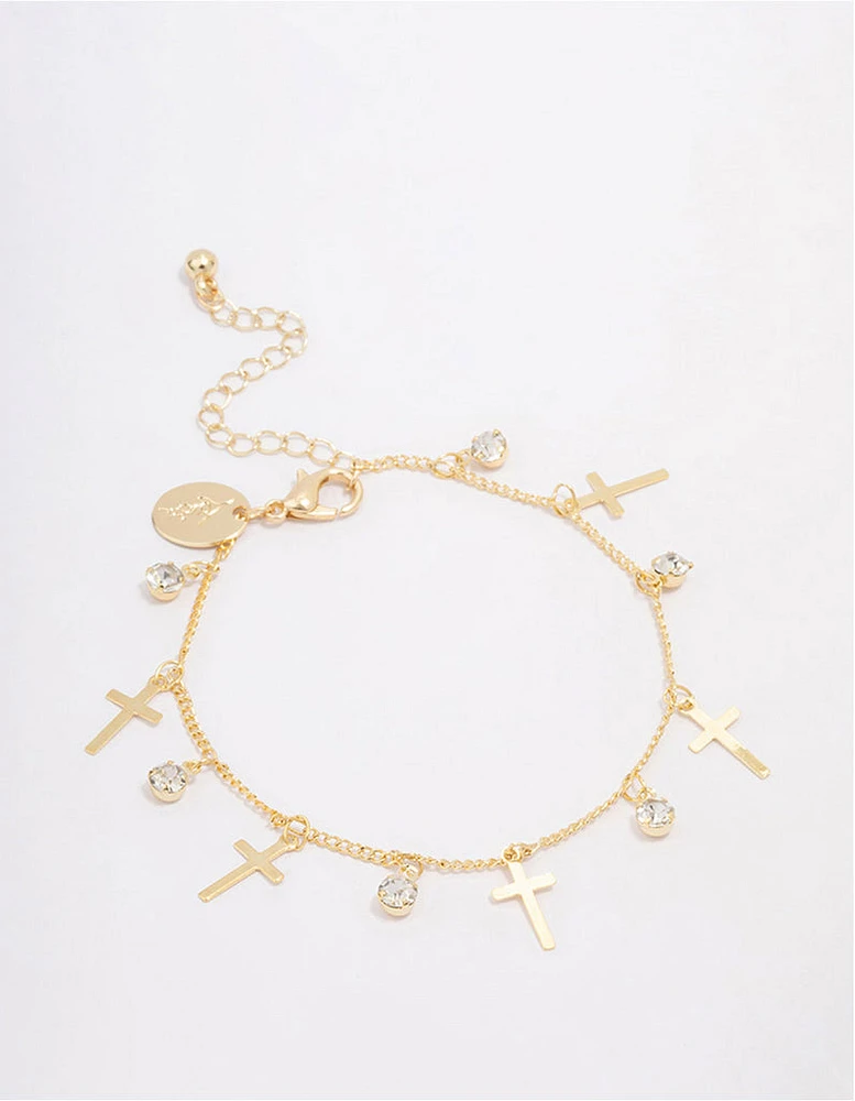 Gold Plated Diamante Cross Drop Bracelet