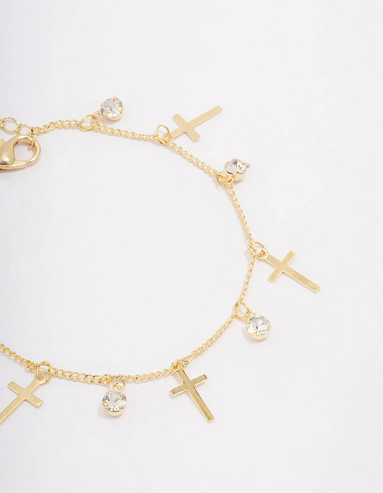 Gold Plated Diamante Cross Drop Bracelet