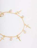 Gold Plated Diamante Cross Drop Bracelet