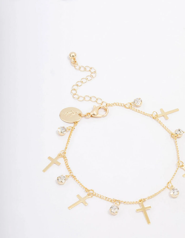 Gold Plated Diamante Cross Drop Bracelet