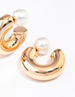 Gold Smooth Pearl C-Shaped Hoop Earrings