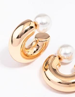 Gold Smooth Pearl C-Shaped Hoop Earrings