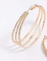 Gold Medium Triple Row Diamante Hoop Earrings