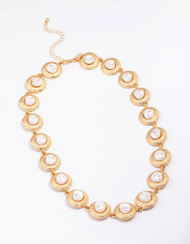 Gold Hammered Diamante Round Necklace